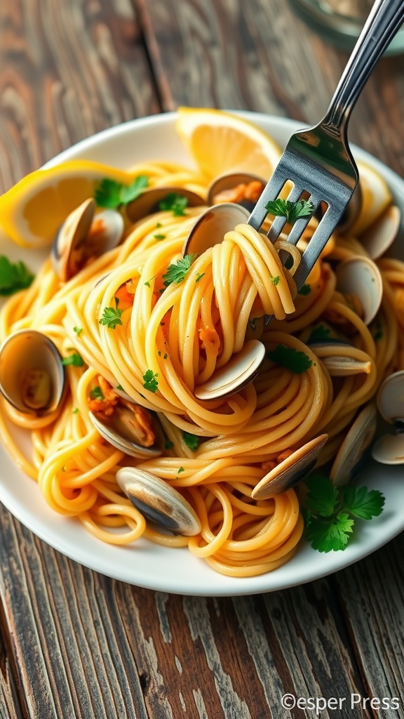 A plate of clam pasta with spaghetti and clams garnished with parsley and lemon on a rustic table.